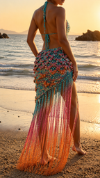 Turquoise multi beaded fringe maxi dress back angled view with open back and tie halter