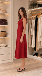 Side view of red square neck sleeveless midi dress