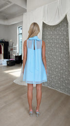 Back view showcasing back bow tie on light blue mini dress