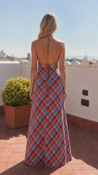 Women's Plaid Halter Neck Cutout Maxi Dress