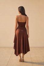 Back view of brown high-low dress