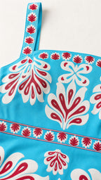 Close up of blue floral fabric and strap detail