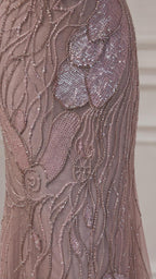 Close-up of intricate sequin and bead embroidery on gown