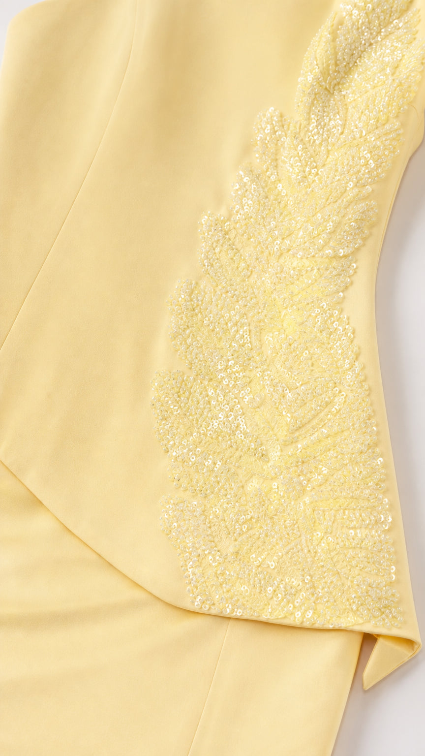 Close-up of beaded and sequined appliqué on yellow gown