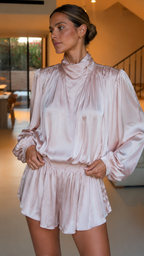 Close-up of blush pink satin-look romper showing draped high neckline and gathered shoulders