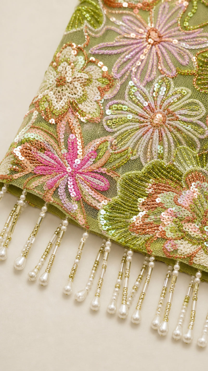 Close-up of green floral sequin embroidery and beaded fringe hem