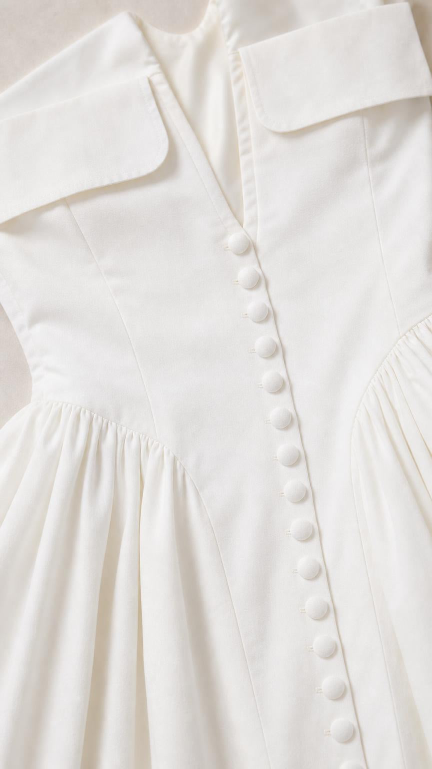 Close-up of white mini dress button and collar detail