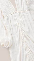 Close up of bodice and ruching detail on White Maxi Dress