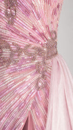 Close-up detail of bodice sequin and bead embellishments in pink