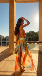 Side-back view of sunset multicolor flowing maxi dress with open back
