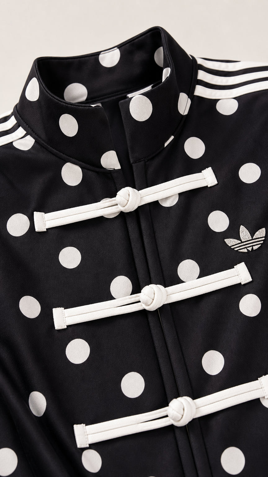 Close-up of black track jacket showing frog closures and collar detail