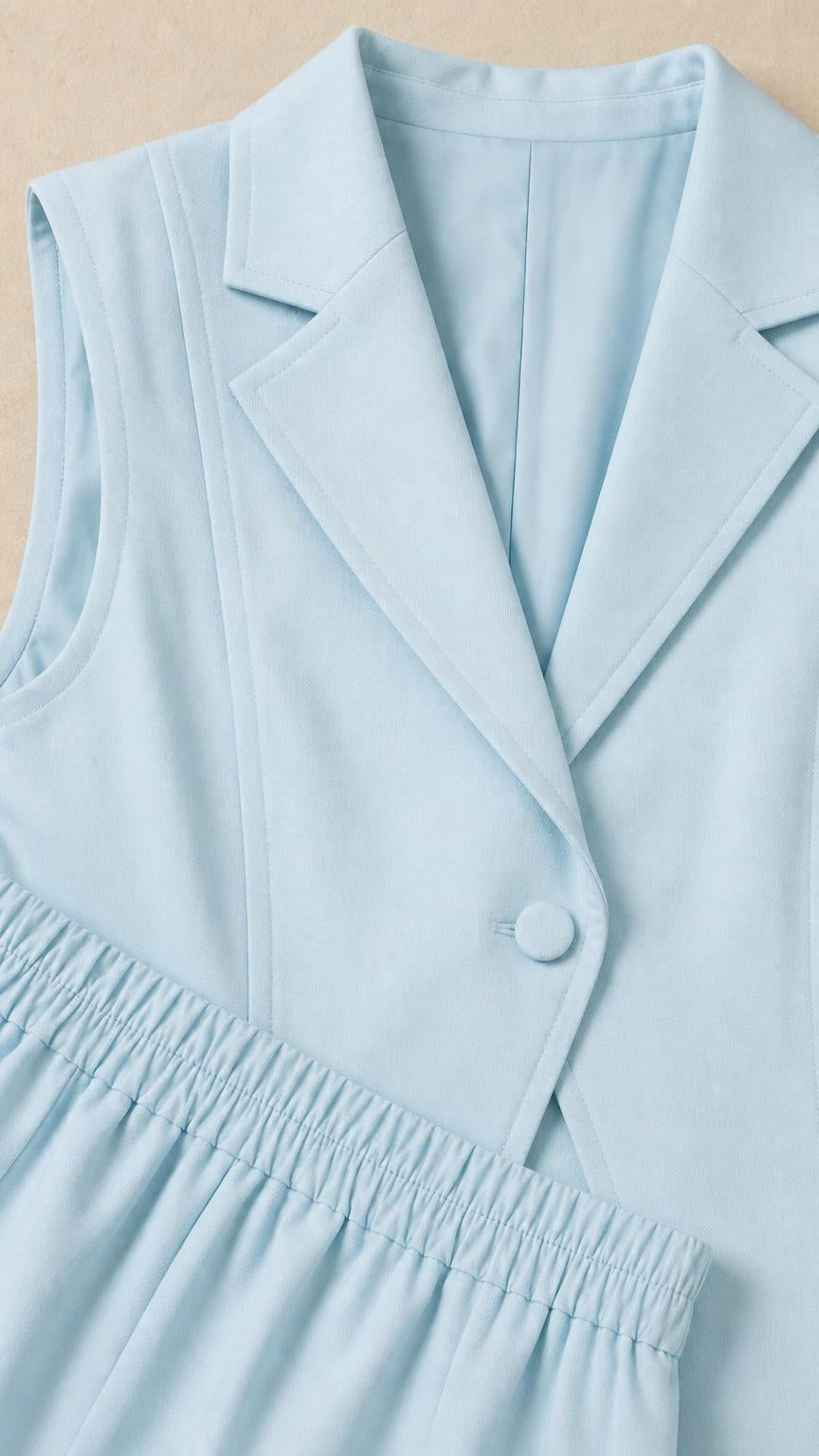 Close-up detail of lapel and fabric texture in Light Blue