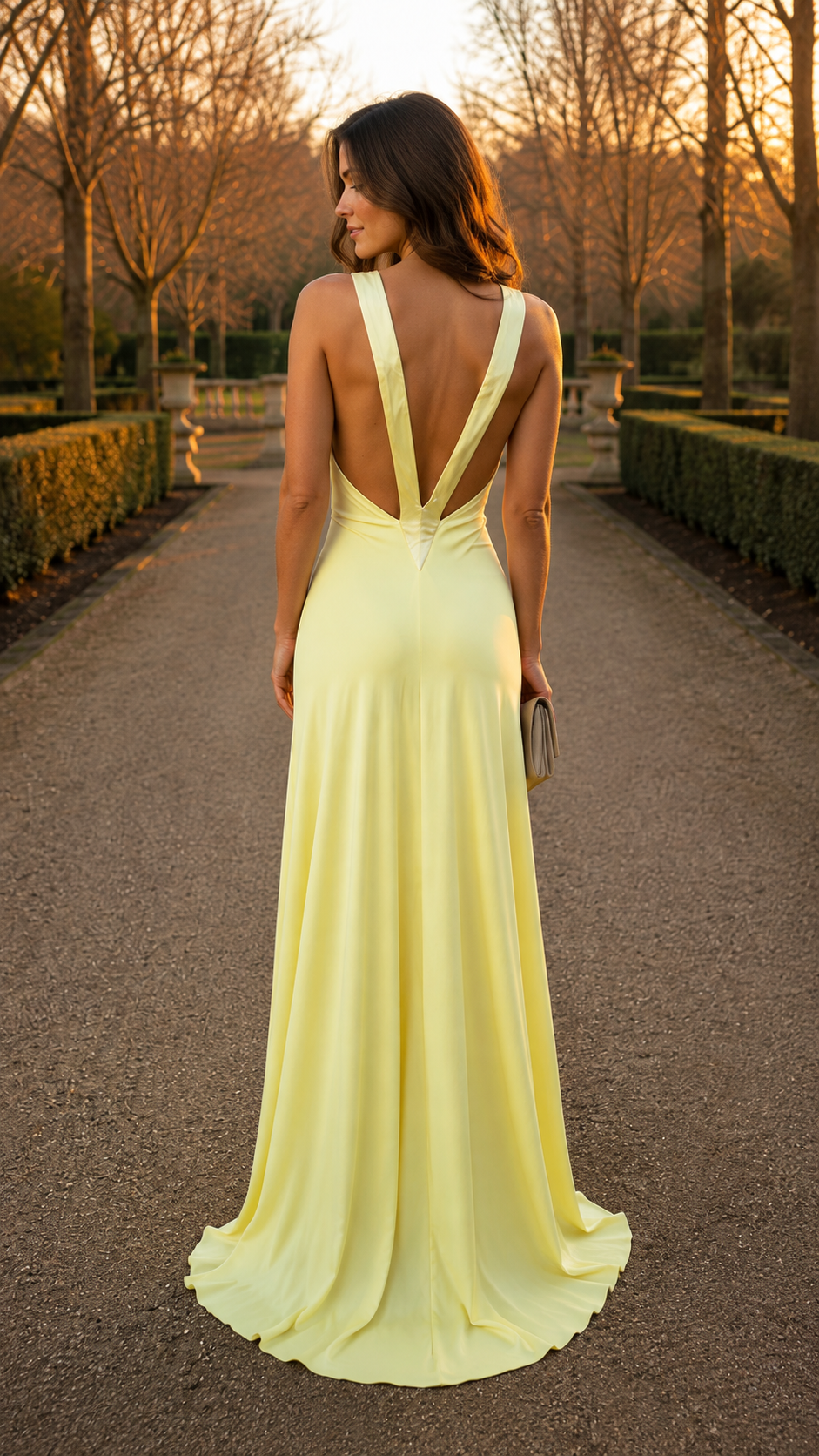 Back view of woman in yellow evening gown