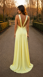 Back view of woman in yellow evening gown