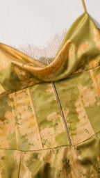 Close-up of cowl neckline and lace trim