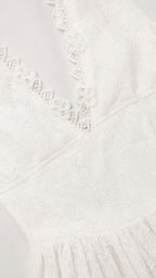 Close-up detail of V-neckline scalloped lace trim