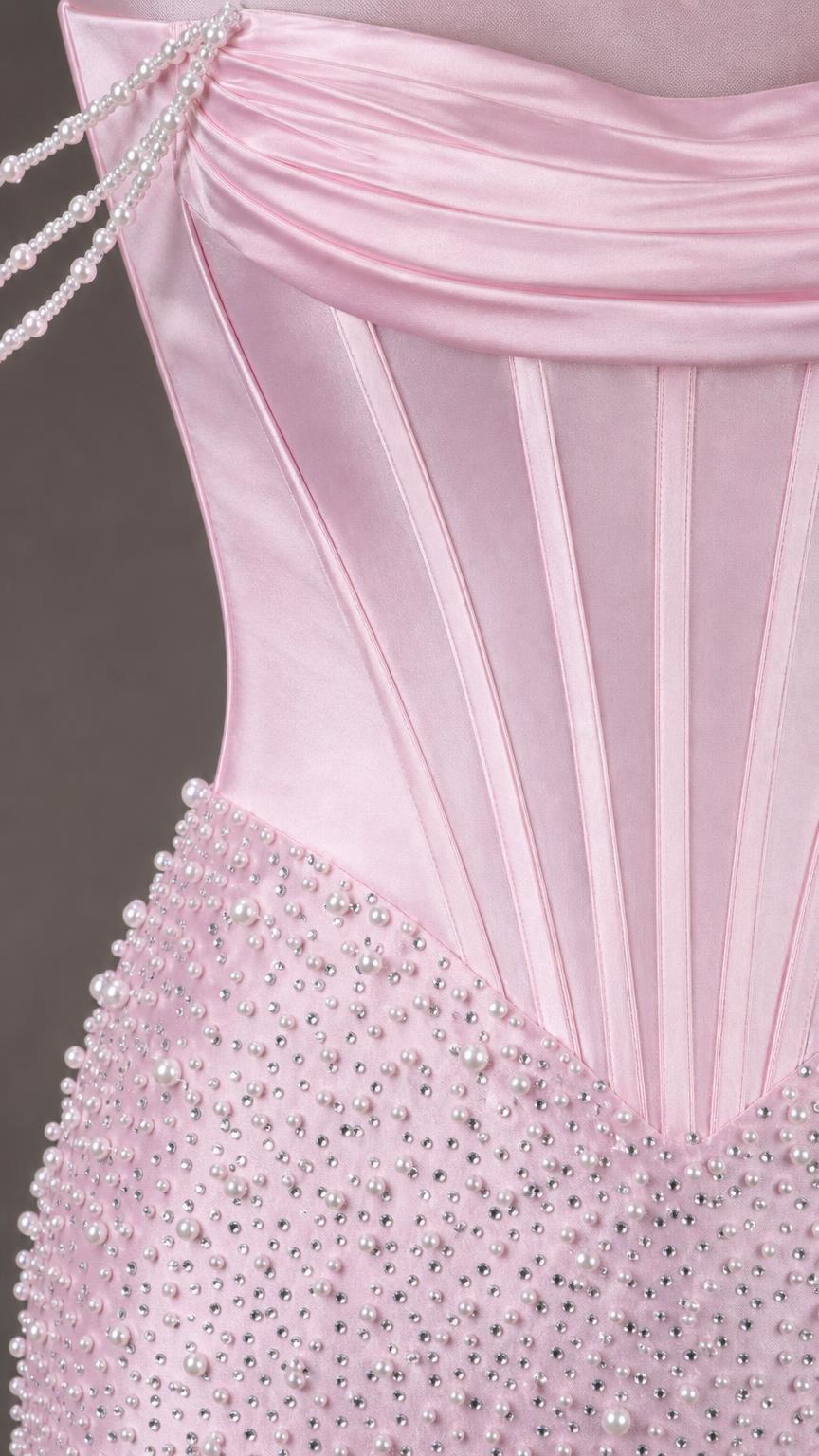 Close up detail of structured corset and beaded embellishments