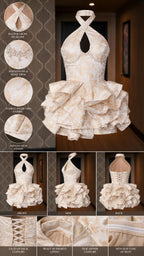 Detailed product breakdown showing neckline, fabric, and construction features