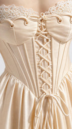 Close-up of lace-up bodice and sweetheart neckline