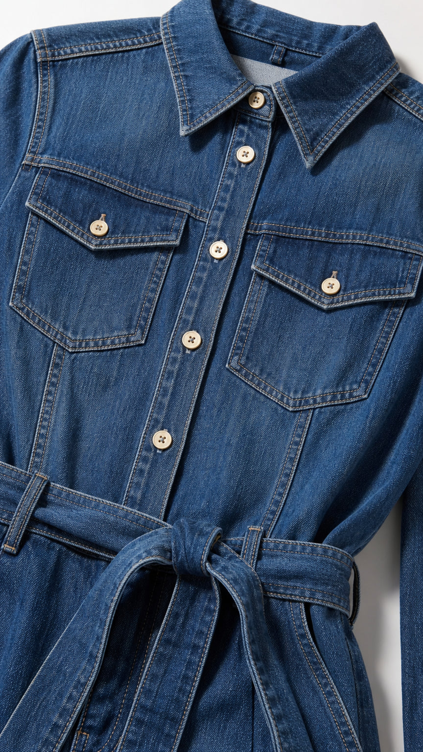 Close-up detail of denim jumpsuit collar, buttons, and chest pockets