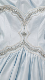 Close-up of crystal and bead embellished bodice detail
