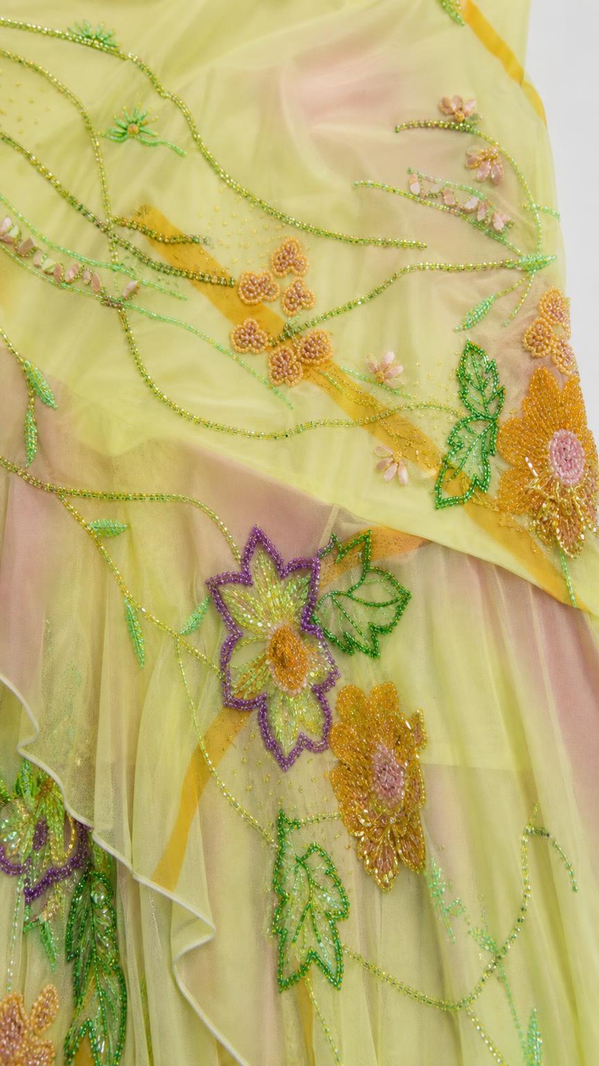 Close-up detail of floral embroidery and beadwork on mesh fabric