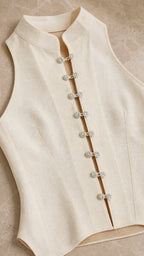 Close-up detail of crystal buttons on ivory halter top collar