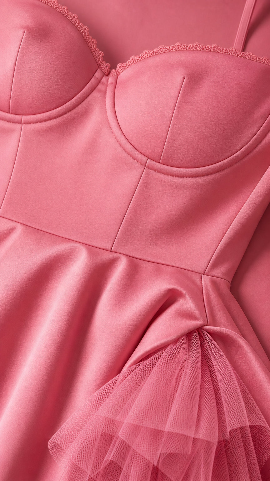 Close-up of structured sweetheart bodice and tulle hem detail