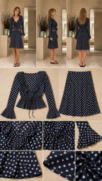 Flat lay and detail shots of Navy Blue polka dot set components