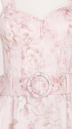 Close-up of sweetheart neckline and matching belt detail