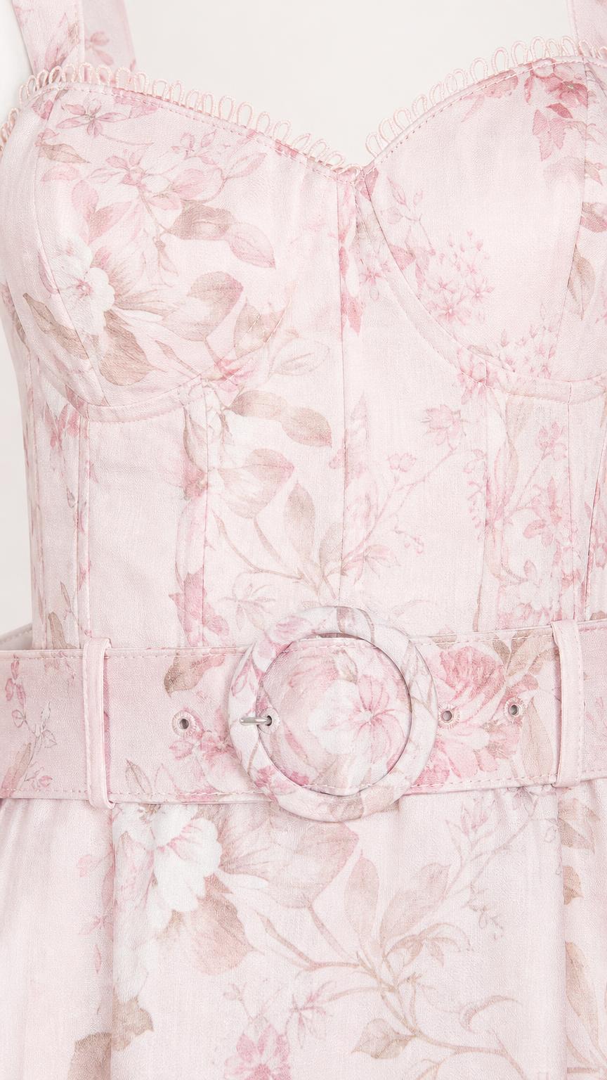 Close-up of sweetheart neckline and matching belt detail