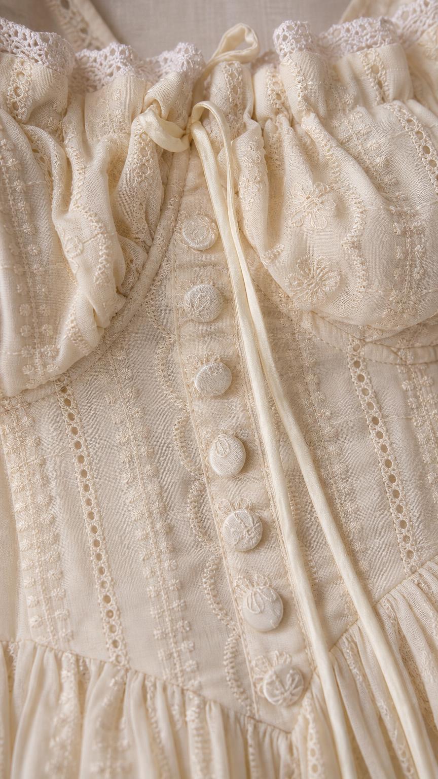 Close-up of bodice, buttons, and lace trim on cream dress