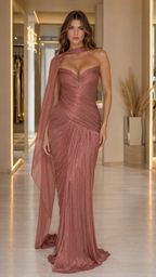 Full length view of dusty rose ruched evening dress