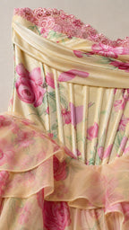 Close-up detail of sweetheart neckline, boned bodice, and lace trim