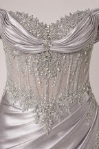 Close-up detail of rhinestone and crystal embellishments on bodice