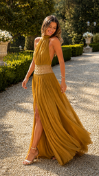 Mustard pleated evening gown with embellished waistband and sweeping hem in motion