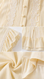 Close-up details of buttons, lace trim, and textured fabric on yellow dress
