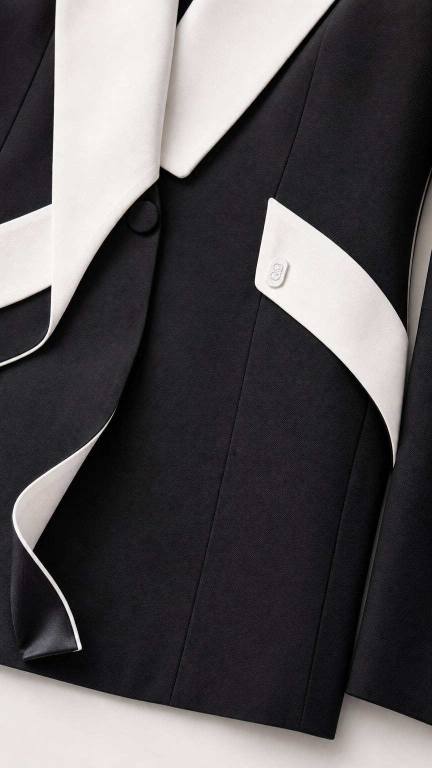Close-up detail of blazer lapel, single button, and white contrast trim