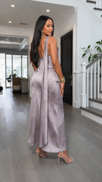 Back view of mauve satin-look maxi dress with long scarf detail
