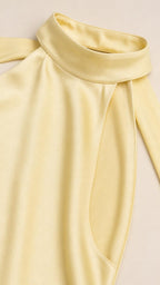 Close-up detail of the high halter neckline and fabric of the yellow dress