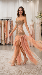 Angled view of blush embroidered high-low dress showing movement of the sheer train