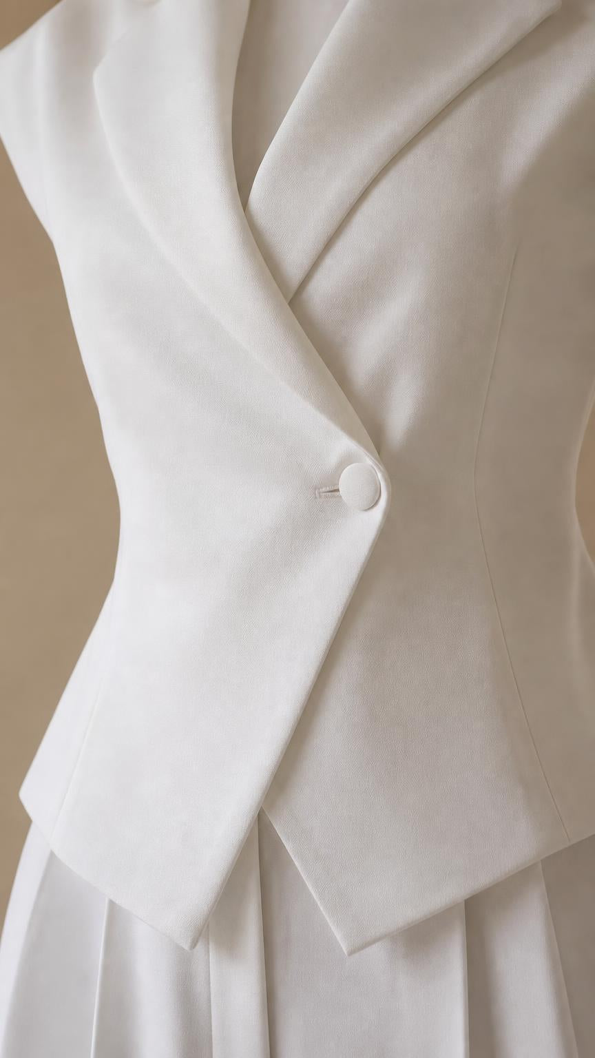 Close-up of lapel collar and single button on white vest