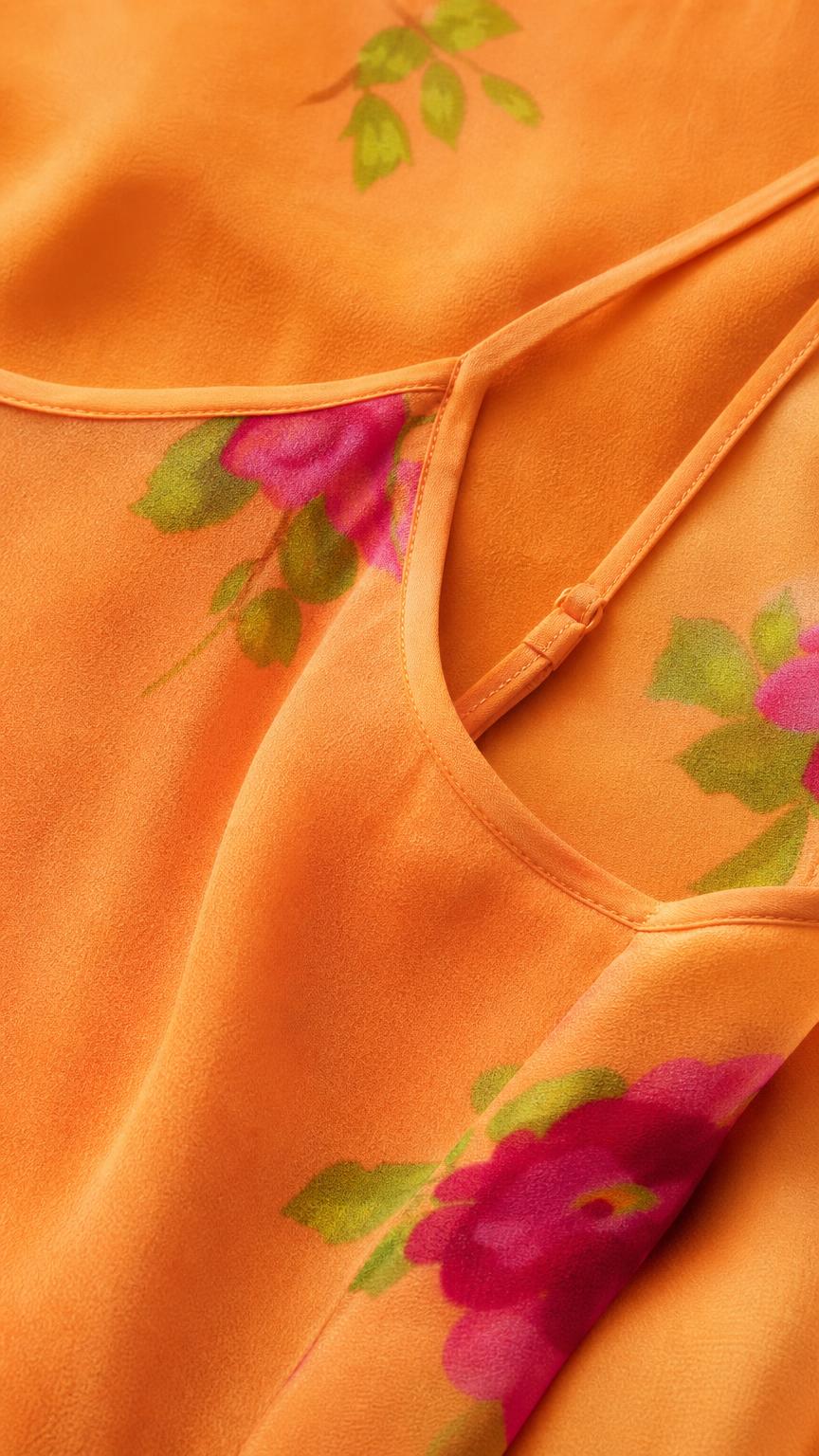 Close-up detail of fabric, neckline, and floral pattern