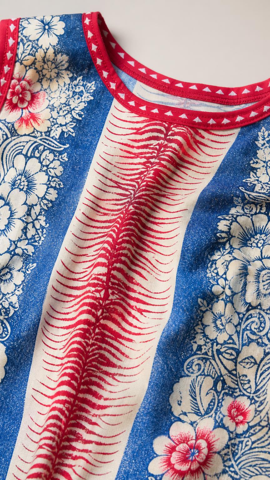 Close-up detail of the patterned fabric and red contrast trim