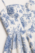 Close-up of structured sweetheart bodice and floral pattern
