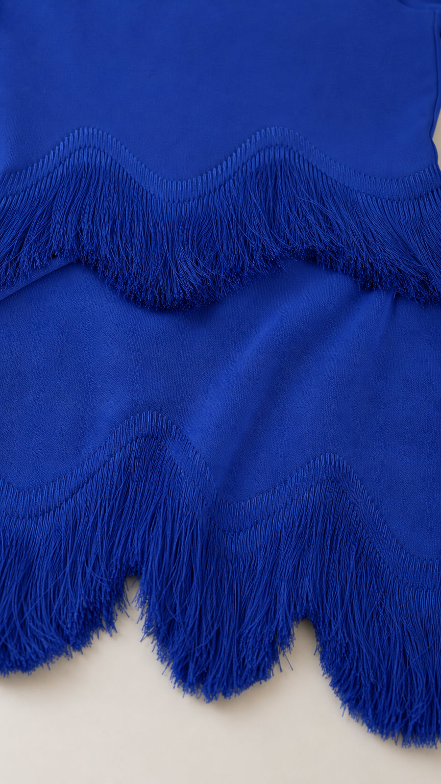 Close up of royal blue textured fringe detail