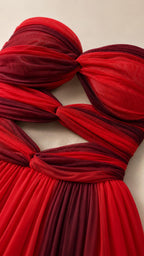 Close-up detail of the twisted ruched bodice and cutouts
