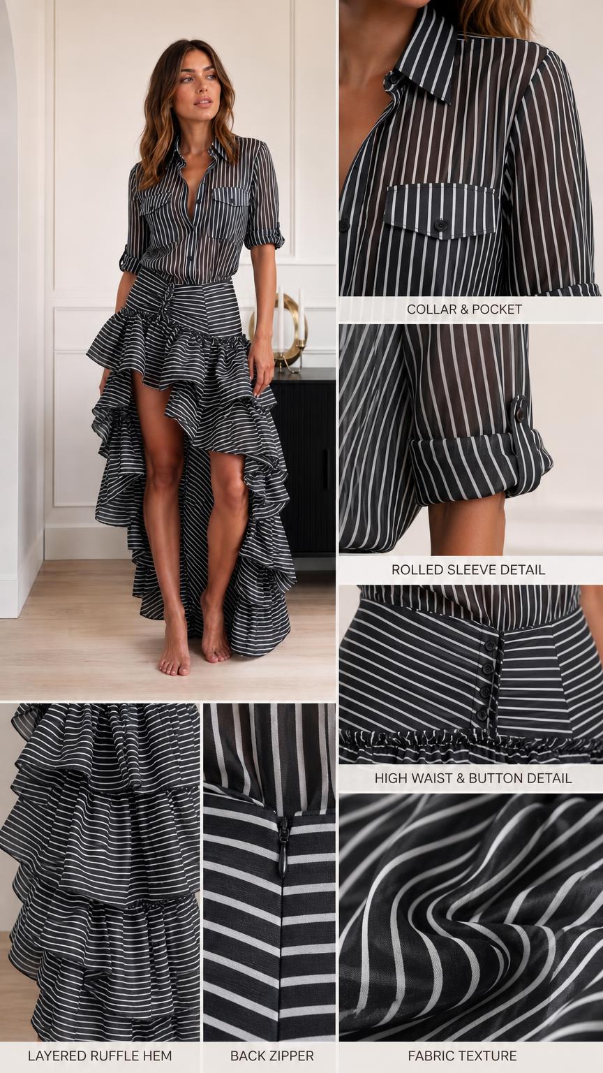 Detailed panel showing collar, pocket, sleeves, ruffles, and fabric texture