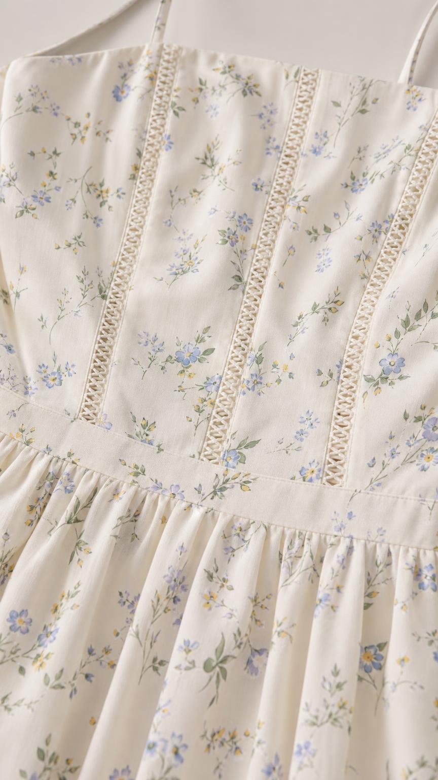 Close-up detail of bodice and lace trim on ivory floral dress