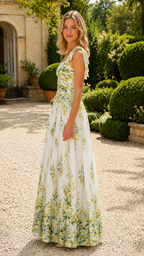 Side view of an ivory floral flowing maxi dress with tie shoulders